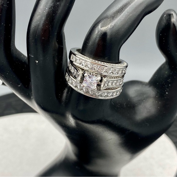 Sterling Silver Wedding Engagement 3 Piece Ring Set - Picture 11 of 13